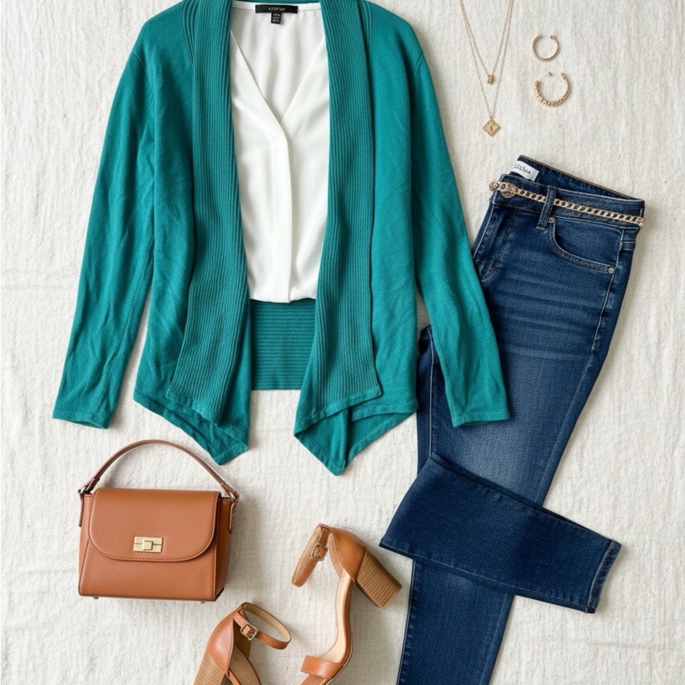 💎 FEVER Teal Shawl Collar Open Cardigan | Cotton Blend Knit | Size S